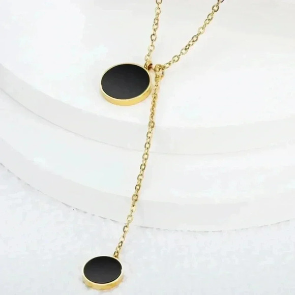 *NEW*  18K Gold Plated Titanium Steel Necklace w/ Double Circle Pendants - Picture 2 of 7